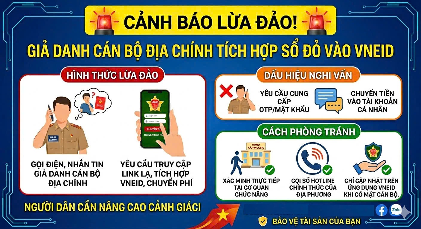 Cảnh giác thủ đoạn giả danh cán bộ địa chính hỗ trợ tích hợp sổ đỏ trên VNeID để lừa đảo chiếm đoạt tài sản